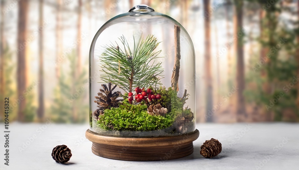 Small pine tree growing inside glass dome with red berries and moss on blurred forest background Small pine tree growing inside glass dome with red berries and moss on blurred forest background