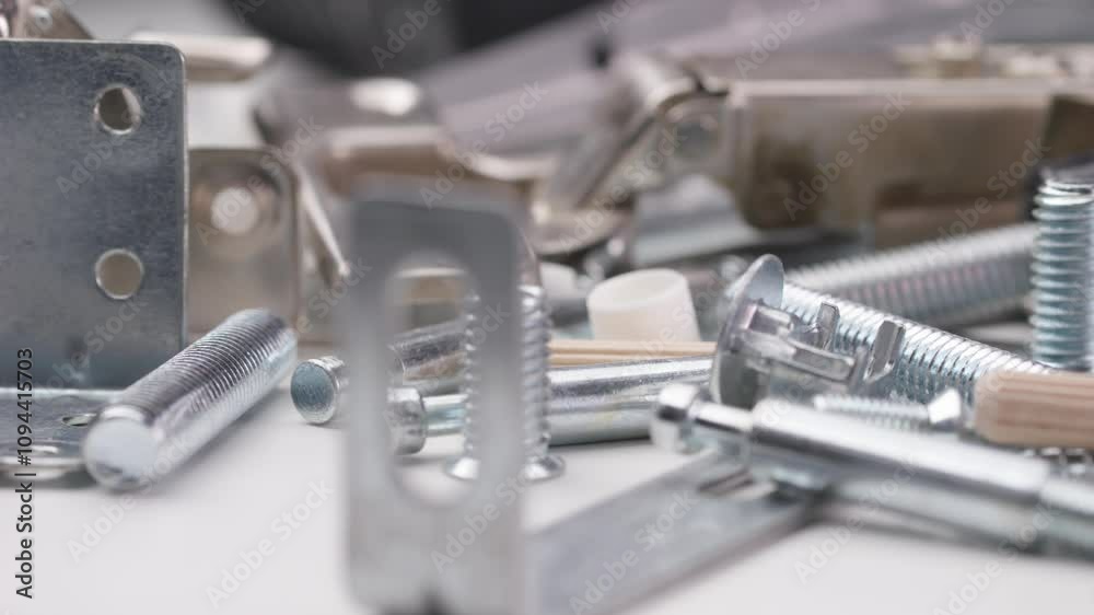 Macro lens captures screws, hinges, and dowels in close detail, with the camera smoothly moving across these small furniture assembly elements. Macro lens captures screws, hinges, and dowels in close detail, with the camera smoothly moving across these small furniture assembly elements.