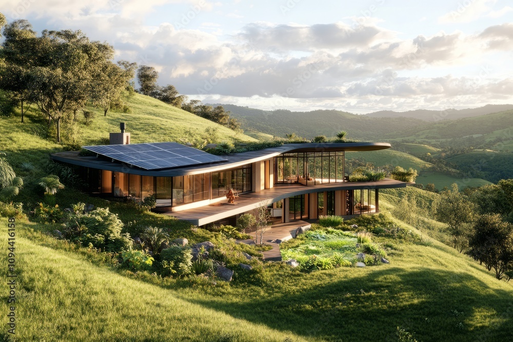 Sustainable self-sufficient off-grid home surrounded by rolling green hills ,sustainability, green energy, solar panel Sustainable self-sufficient off-grid home surrounded by rolling green hills ,sustainability, green energy, solar panel
