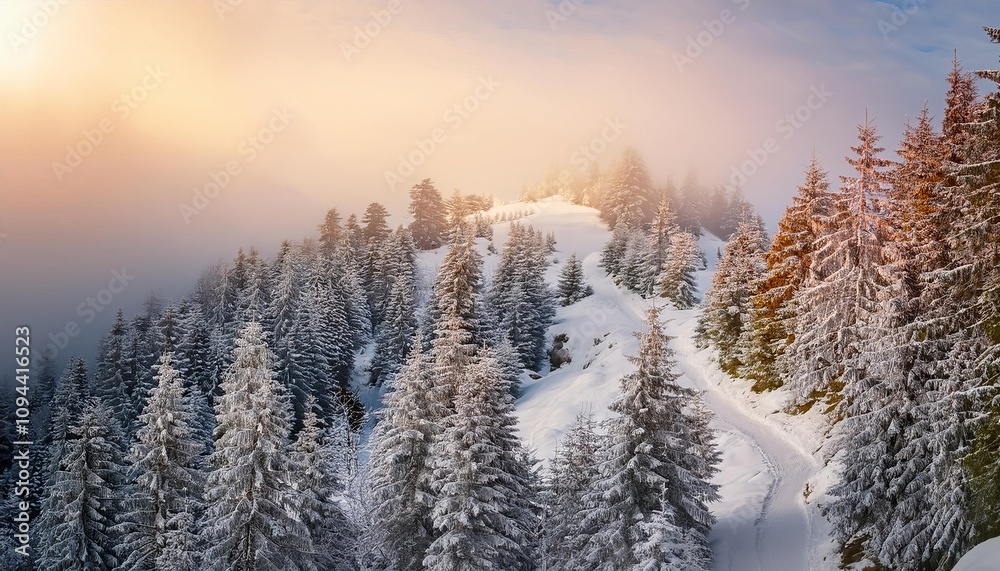 Snowy mountainside covered with pine trees during golden hour sunset Snowy mountainside covered with pine trees during golden hour sunset