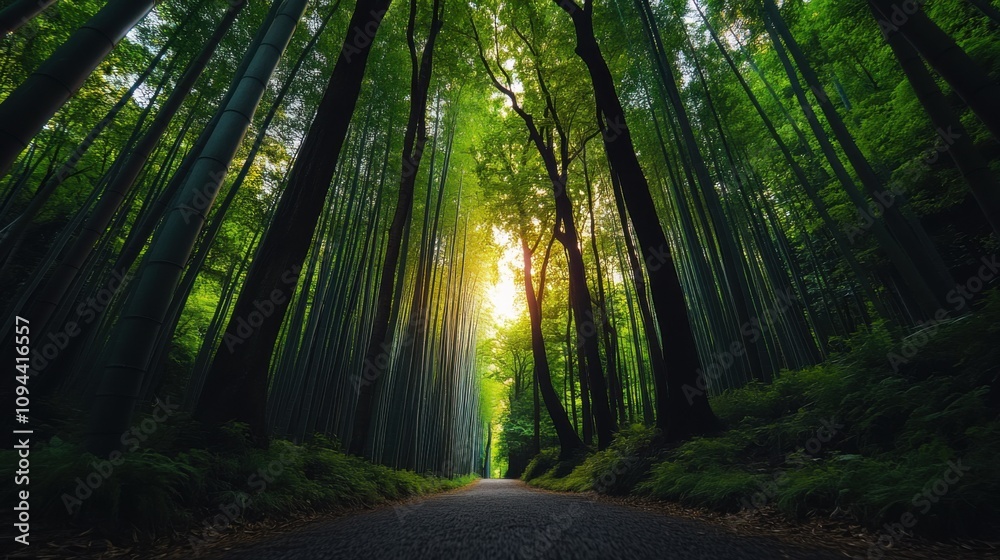 Obraz premium Serene Forest Path Surrounded by Tall Bamboo Trees with Soft Sunlight Filtering Through Leaves in a Lush Green Landscape Ideal for Nature Enthusiasts