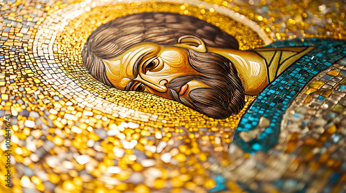 A stunning Byzantine mosaic of a saint with shimmering gold tiles and vibrant glass pieces. photo