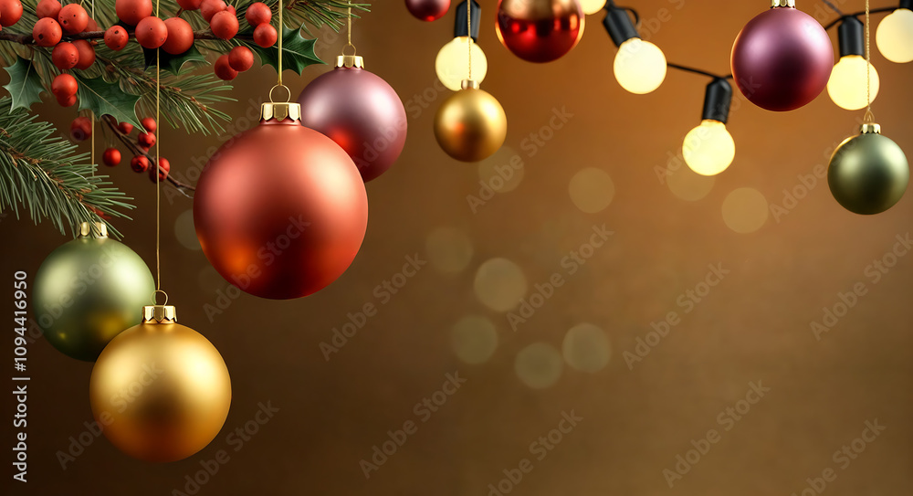 Colorful Christmas baubles dangle overhead, cradled in the embrace of pine branches, bathed in a warm glow of twinkling lights. Colorful Christmas baubles dangle overhead, cradled in the embrace of pine branches, bathed in a warm glow of twinkling lights.