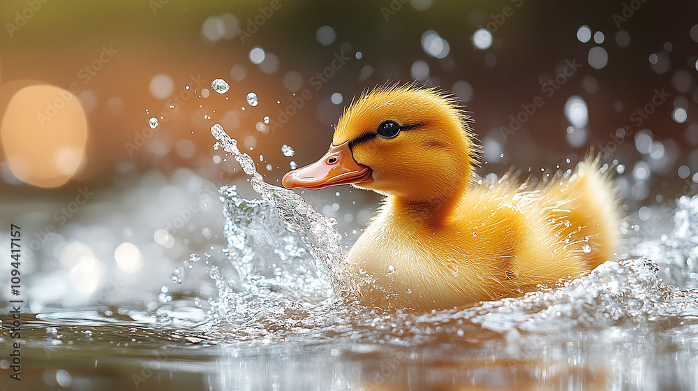 A small, light brown duckling is splashing in water. A small, light brown duckling is splashing in water.