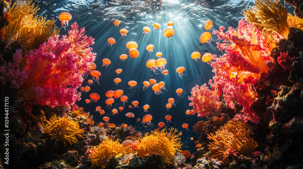 Underwater Eden: A mesmerizing underwater scene, vibrant coral formations cradle a school of luminous jellyfish, bathed in sunlit rays. A breathtaking view of marine life in its natural habitat. Underwater Eden: A mesmerizing underwater scene, vibrant coral formations cradle a school of luminous jellyfish, bathed in sunlit rays. A breathtaking view of marine life in its natural habitat.