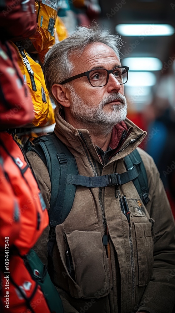 Seasoned Mountain Rescue Expert Amidst Emergency Gear Seasoned Mountain Rescue Expert Amidst Emergency Gear