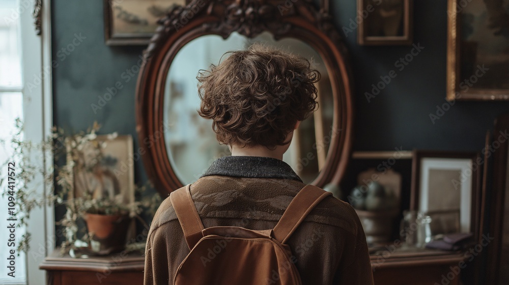 Reflective Moments: A young person stands before an ornately framed mirror, a sense of introspection and quiet contemplation pervading the scene. The warm light of the sun streams through a window. Reflective Moments: A young person stands before an ornately framed mirror, a sense of introspection and quiet contemplation pervading the scene. The warm light of the sun streams through a window.