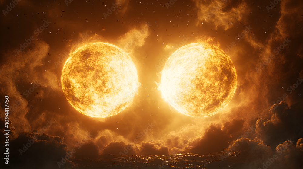A surreal binary star system with two suns casting dynamic shadows on a distant planet. A surreal binary star system with two suns casting dynamic shadows on a distant planet.