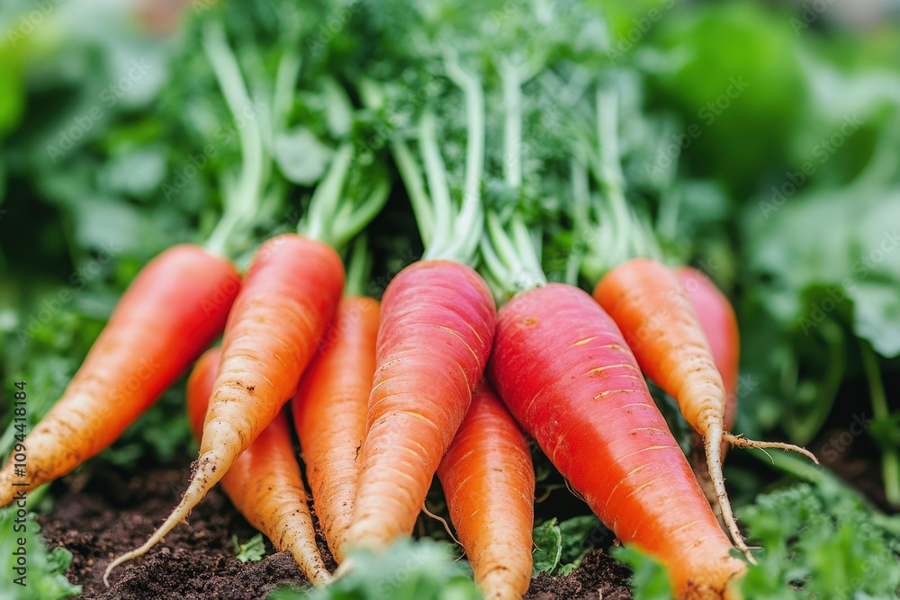Fresh Carrots with Green Tops in a Garden Fresh Carrots with Green Tops in a Garden