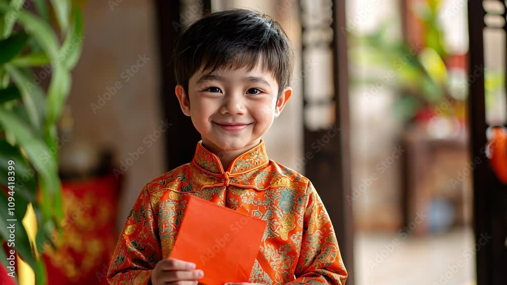 Little boy is delighted to receive Chinese New Year red envelopes. Little boy is delighted to receive Chinese New Year red envelopes.