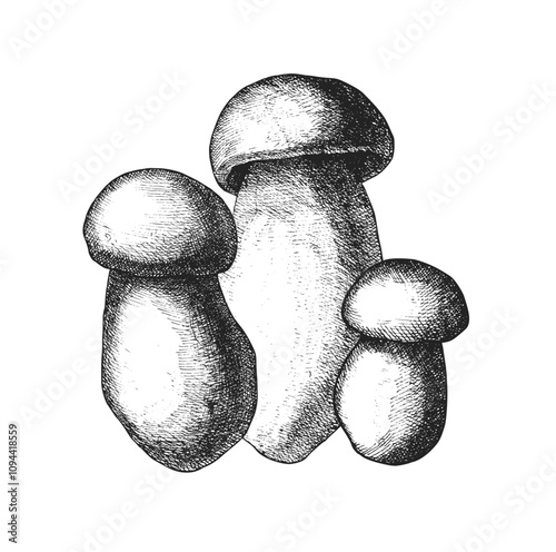 Trio of mushrooms in detailed black and white sketch with realistic shading