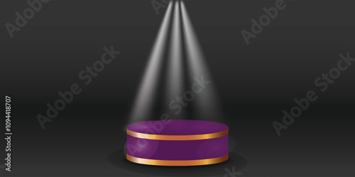 White spotlights on podium display color with black background. Modern studio, wall scene fashion, stage podium scene with for Award Ceremony. 3D rendering.
