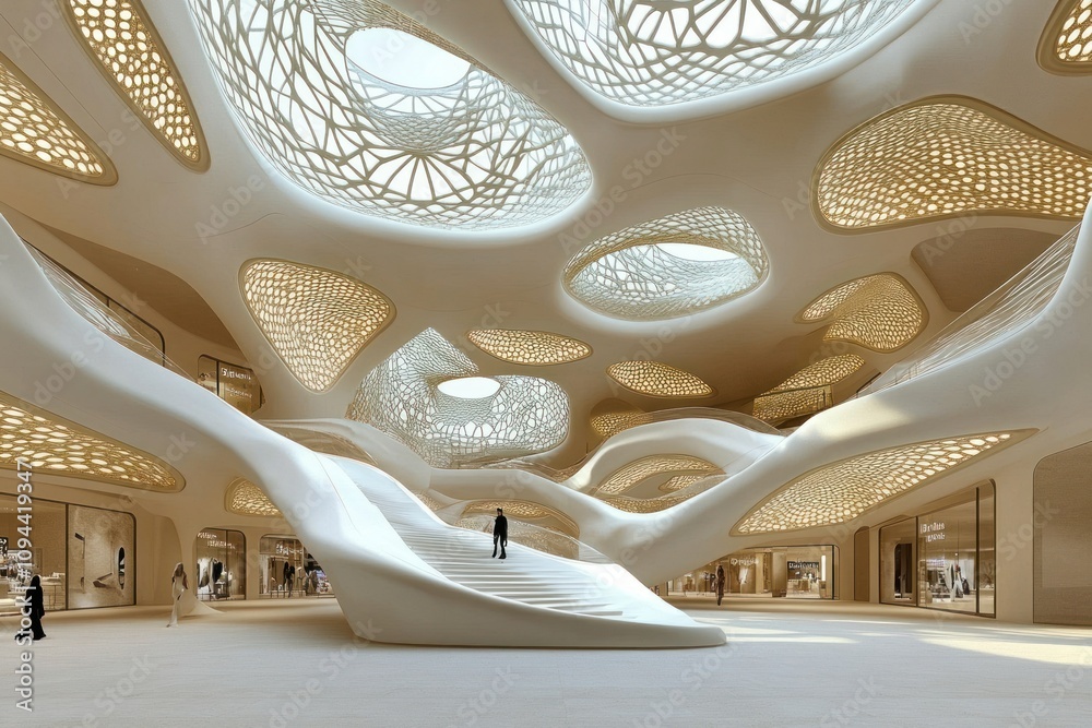 Fototapeta premium A futuristic interior design showcasing organic forms and intricate lighting patterns.