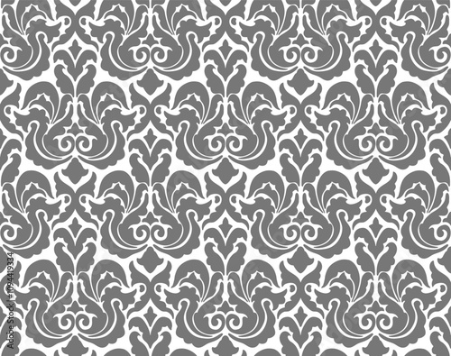 Damask seamless pattern. Gray damask pattern with symmetrical floral motifs for wallpaper and interior design themes.