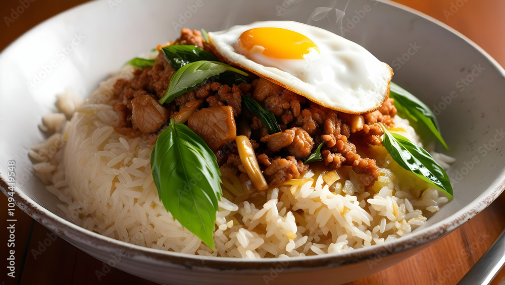 Stir-fried pork with basil, rice and fried egg, Thai style Stir-fried pork with basil, rice and fried egg, Thai style