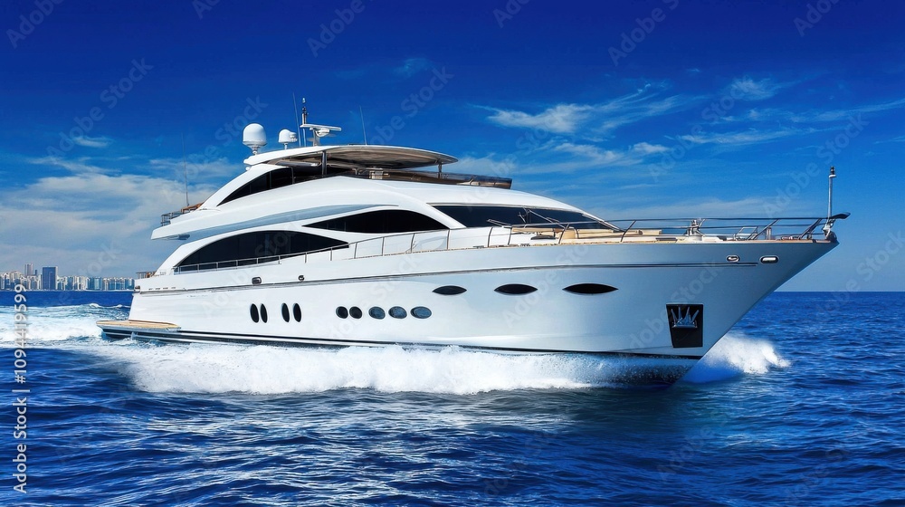 Magnificent White Yacht Cruising Along the Sparkling Blue Ocean Magnificent White Yacht Cruising Along the Sparkling Blue Ocean