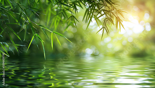 Bamboo on water background, green leaves generated.AI photo