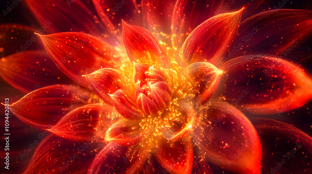 A vibrant burst of red and gold fireworks forming a chrysanthemum pattern in the night sky. A vibrant burst of red and gold fireworks forming a chrysanthemum pattern in the night sky.