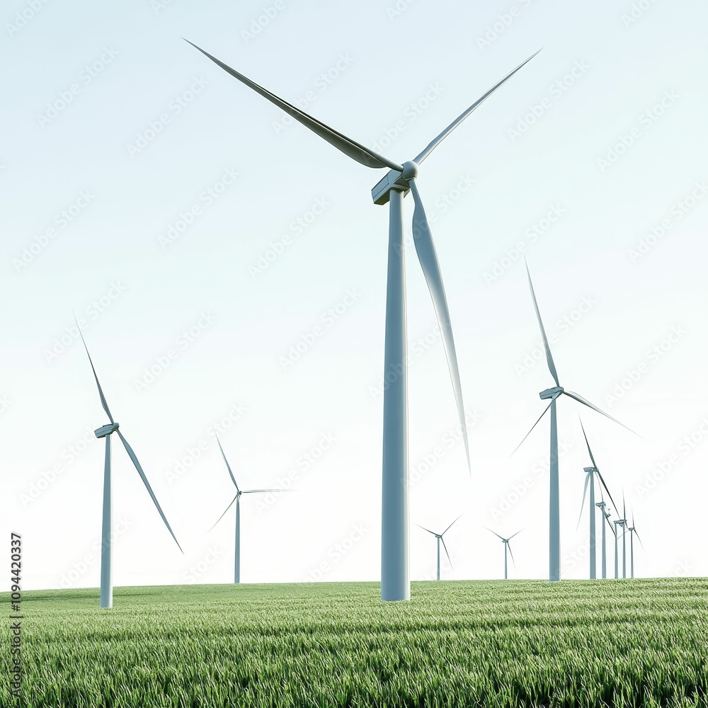 Wind turbines in a green field under a light sky. Wind turbines in a green field under a light sky.