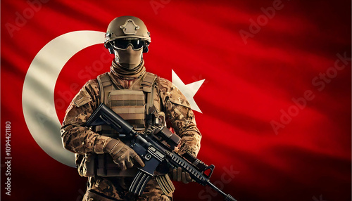 Turkish Soldier with Crescent and Star Flag photo