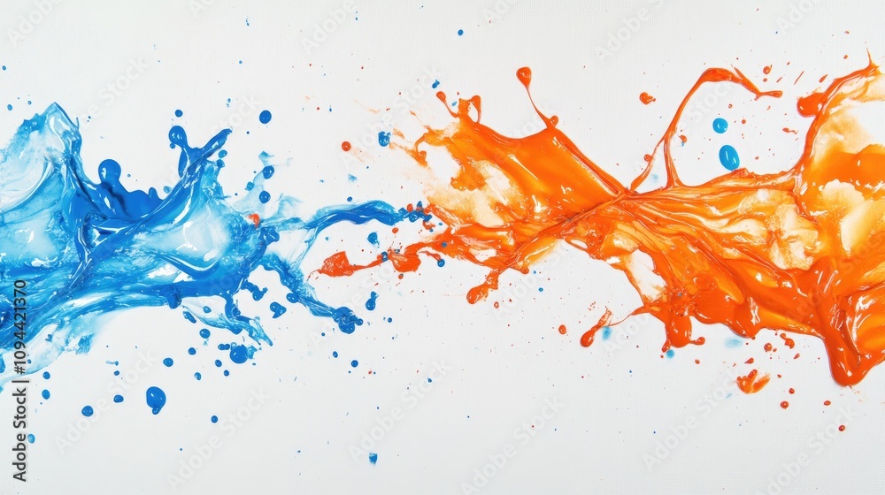 Dynamic splash of blue and orange paint creatively colliding against a white background. Dynamic splash of blue and orange paint creatively colliding against a white background.