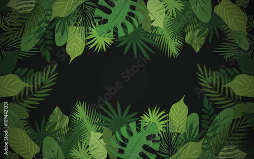 Tropical dense foliage trendy banner card dark flat style. Luxury background elite black screen saver template promotional organic exotic cosmetics. Themed party invitation card beauty salon visit