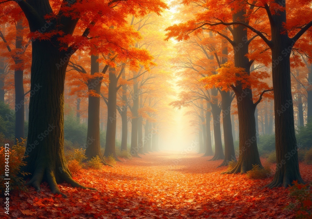 Fototapeta premium Vibrant autumn forest path lined with orange and red trees in a tranquil morning light