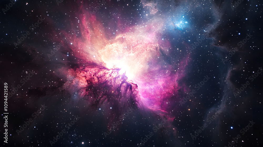 Obraz premium A vivid nebula radiating colors of pink purple and blue amidst a field of stars.