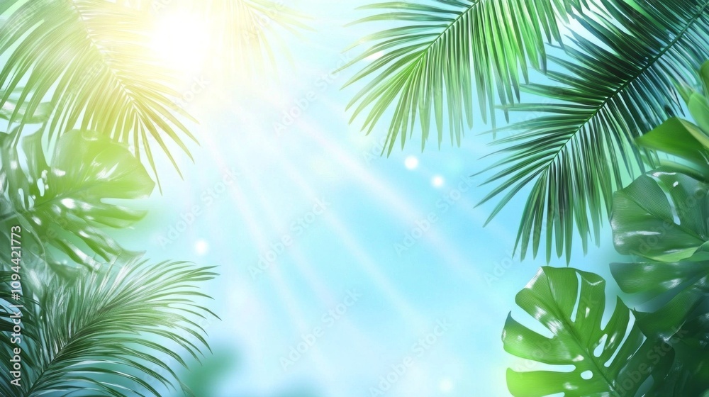 A tropical scene with palm trees and a bright blue sky A tropical scene with palm trees and a bright blue sky