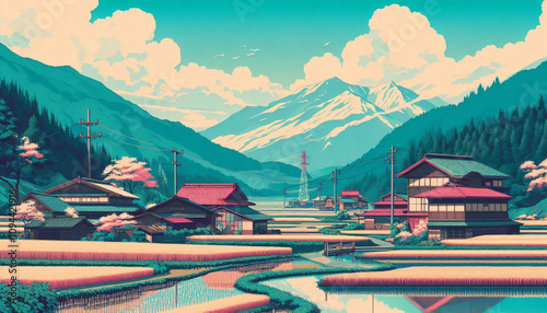 village in the mountains. vintage cartoon art style.