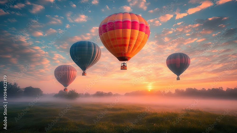 Naklejka premium Four vibrant hot air balloons float above a misty landscape at sunrise, creating a stunning view filled with color and tranquility.