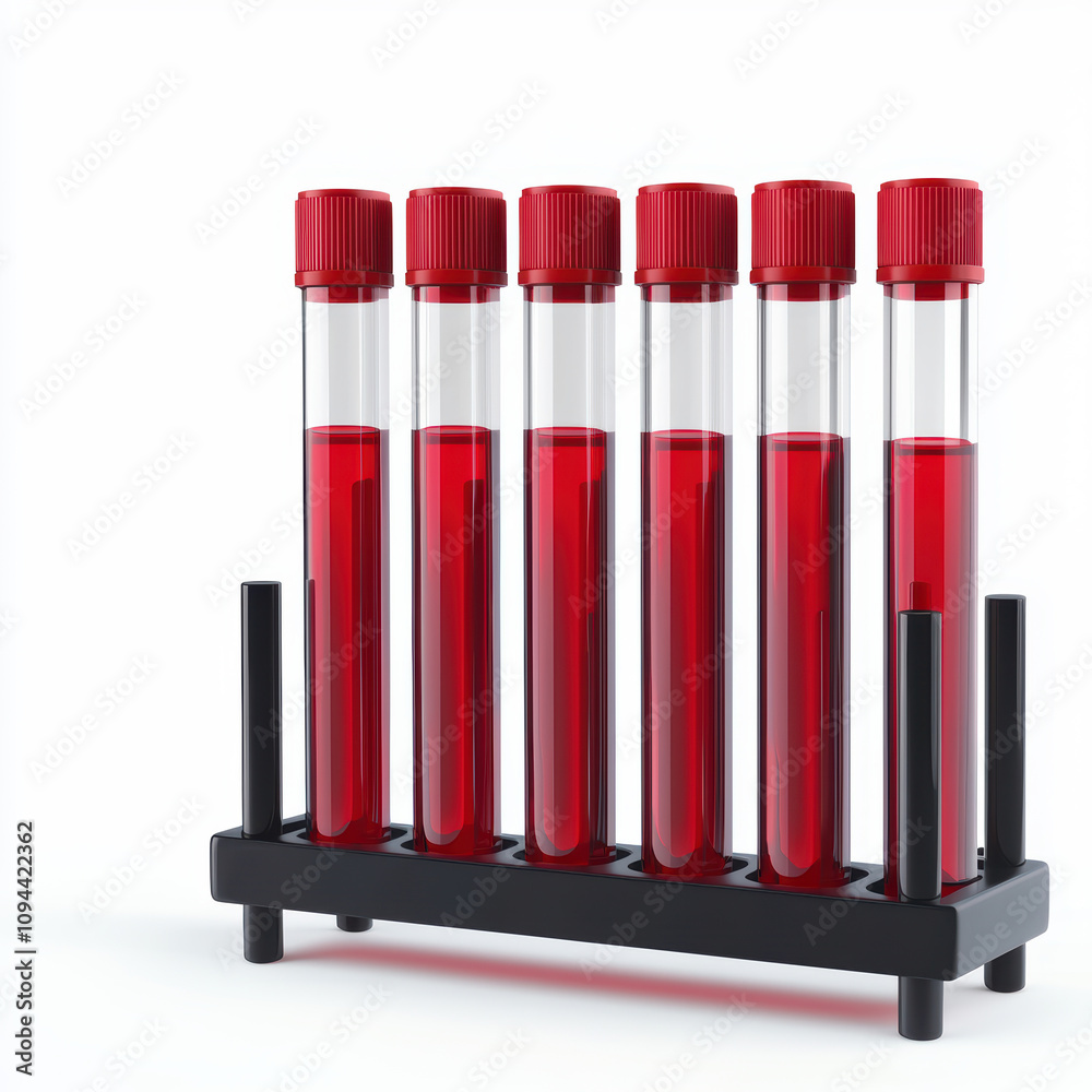 Concept of blood test is the main step in diagnosis. A set of six test tubes filled with red liquid, displayed in a black rack, commonly used for laboratory experiments and analysis. Concept of blood test is the main step in diagnosis. A set of six test tubes filled with red liquid, displayed in a black rack, commonly used for laboratory experiments and analysis.