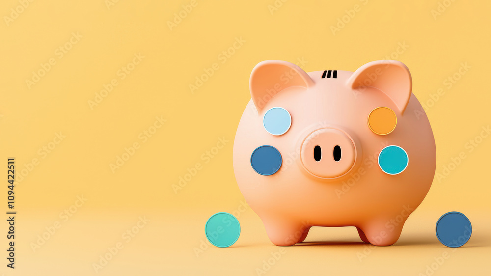 Social media marketing branding concept. A cute piggy bank with colorful spots stands against a cheerful yellow background, symbolizing savings and financial growth. Social media marketing branding concept. A cute piggy bank with colorful spots stands against a cheerful yellow background, symbolizing savings and financial growth.