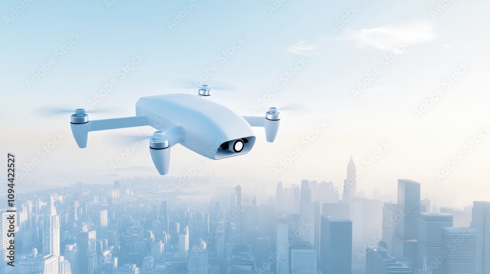 Futuristic Aerial Drone Flying Over Modern Cityscape with Skyscrapers Futuristic Aerial Drone Flying Over Modern Cityscape with Skyscrapers