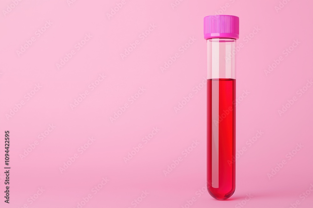 Concept of blood test is the main step in diagnosis. A test tube filled with red liquid stands against a pink background, showcasing a clean and modern design. Concept of blood test is the main step in diagnosis. A test tube filled with red liquid stands against a pink background, showcasing a clean and modern design.