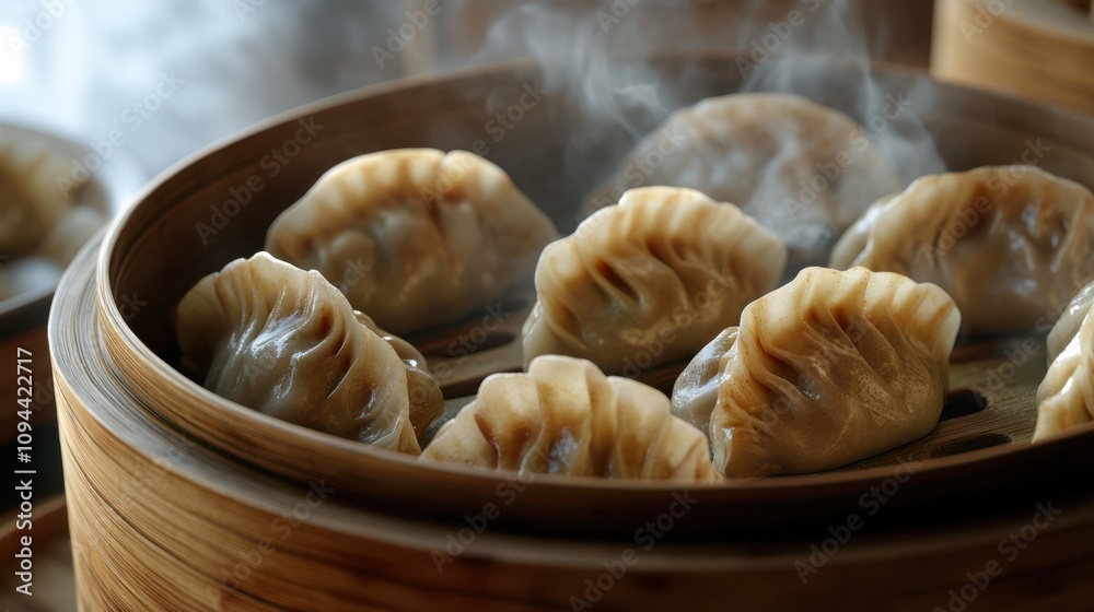 Steaming dumplings in a bamboo basket release tendrils of fragrant steam, promising a delicious and authentic culinary experience. Steaming dumplings in a bamboo basket release tendrils of fragrant steam, promising a delicious and authentic culinary experience.