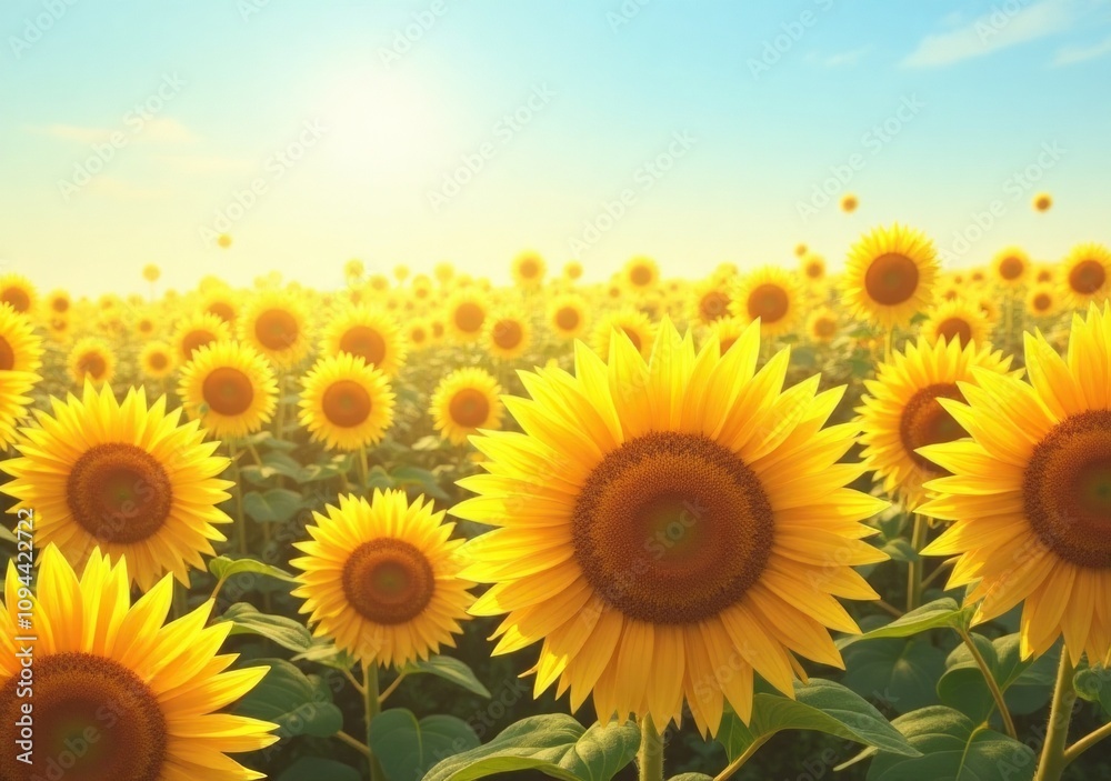Fototapeta premium Bright sunflowers bloom vibrantly in a golden field under a clear blue sky