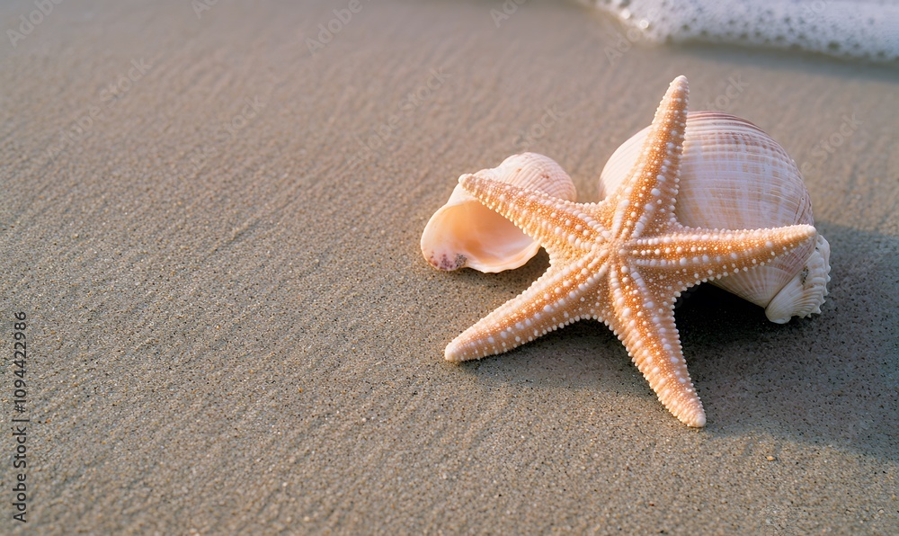 Starfish and seashells in the setting sun on a sandy beach. Generative AI Starfish and seashells in the setting sun on a sandy beach. Generative AI