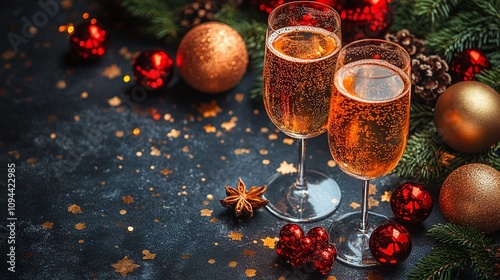 Champagne glasses ready for a toast, Christmas and New Year themed background	
