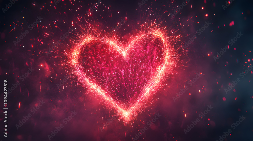 Fireworks exploding into a heart-shaped design glowing red and pink in the dark sky.