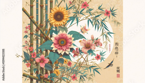 flowers on bamboo. oriental art style. Abstract background