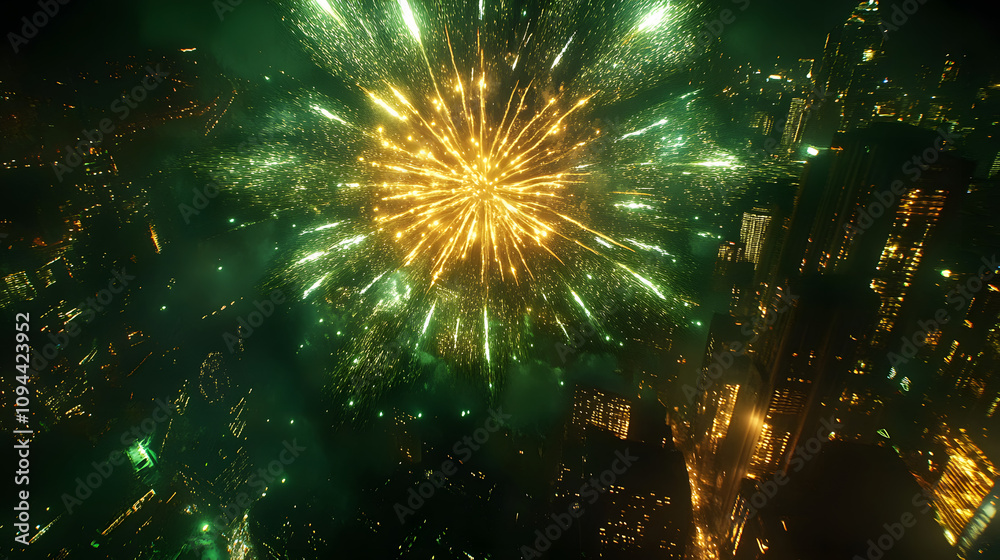 Fototapeta premium Fireworks forming a cascading fan shape glowing in green and gold over a dark cityscape.