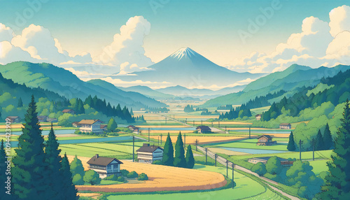 countryside and view of the mountains. digital illustration.