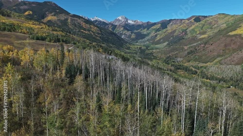 Aerial pullback of leaveless trees in Snowmass Village, Aspen, with mountain roads and warm autumn hues photo