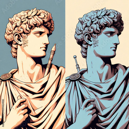 Greek god's sculpture. dual tone digital illustration.