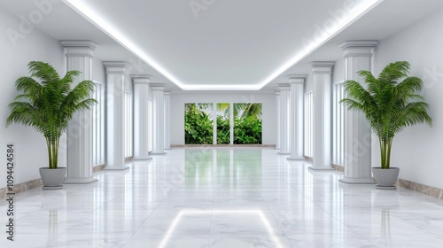 Bright and Minimalist Commercial Lobby with Green Plants and Symmetrical Architecture