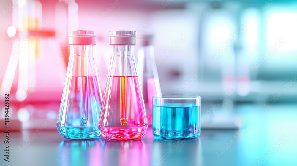 Concept of blood test is the main step in diagnosis. Colorful laboratory glassware containing liquids in shades of pink and blue, set against a bright, modern lab background. Concept of blood test is the main step in diagnosis. Colorful laboratory glassware containing liquids in shades of pink and blue, set against a bright, modern lab background.