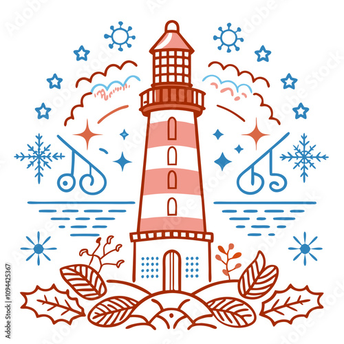 Coastal Christmas Lighthouse: A charming illustration of a lighthouse adorned with festive winter elements. Perfect for holiday greetings, nautical-themed designs, and coastal living aesthetics.