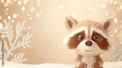 A cute raccoon is sitting in the soft snow and smiling at the camera with joy, copy space