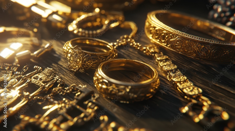 A Stunning Collection of Intricate Golden Jewelry Pieces Artfully Displayed on a Rustic Wooden Surface, Showcasing the Beauty and Craftsmanship of Fine Gold Accessories A Stunning Collection of Intricate Golden Jewelry Pieces Artfully Displayed on a Rustic Wooden Surface, Showcasing the Beauty and Craftsmanship of Fine Gold Accessories